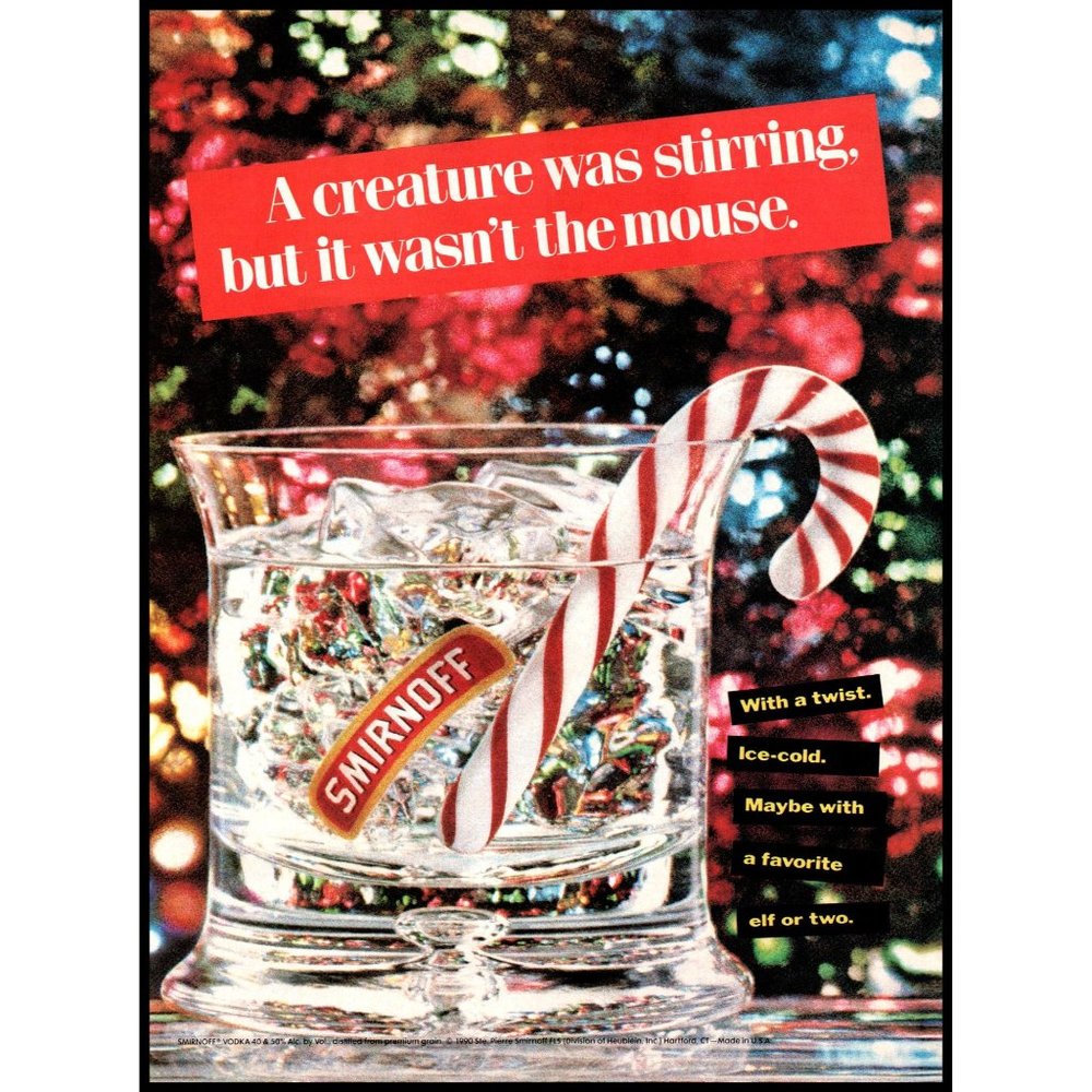 1990 Smirnoff Vodka Candy Cane Christmas Vintage Print Ad Lights Elf Wall Art